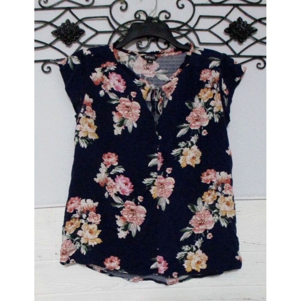 Buffalo David Bitton Top Women's Size S Short Sleeve Blue Floral Round Neck